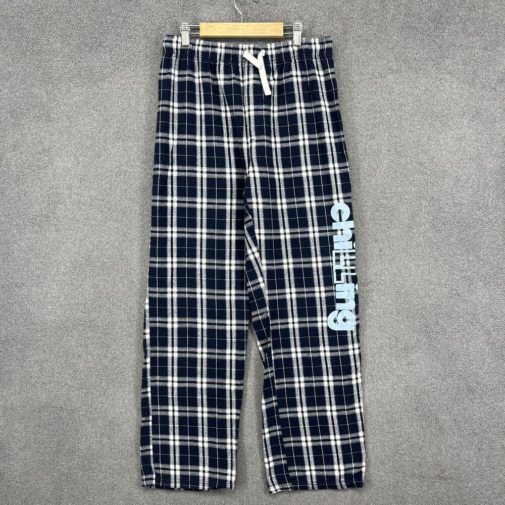 District Pajama Pants Mens Small Blue White Plaid Flannel‎ Chilling Drawstring